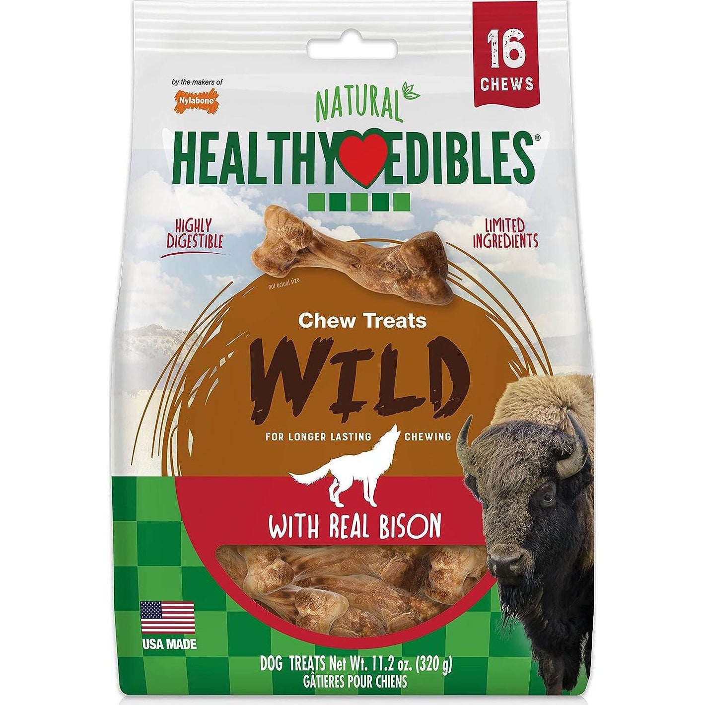 Nylabone Healthy Edibles Dog Chews Small Bison Flavor Natural Long Lasting 16 Ct