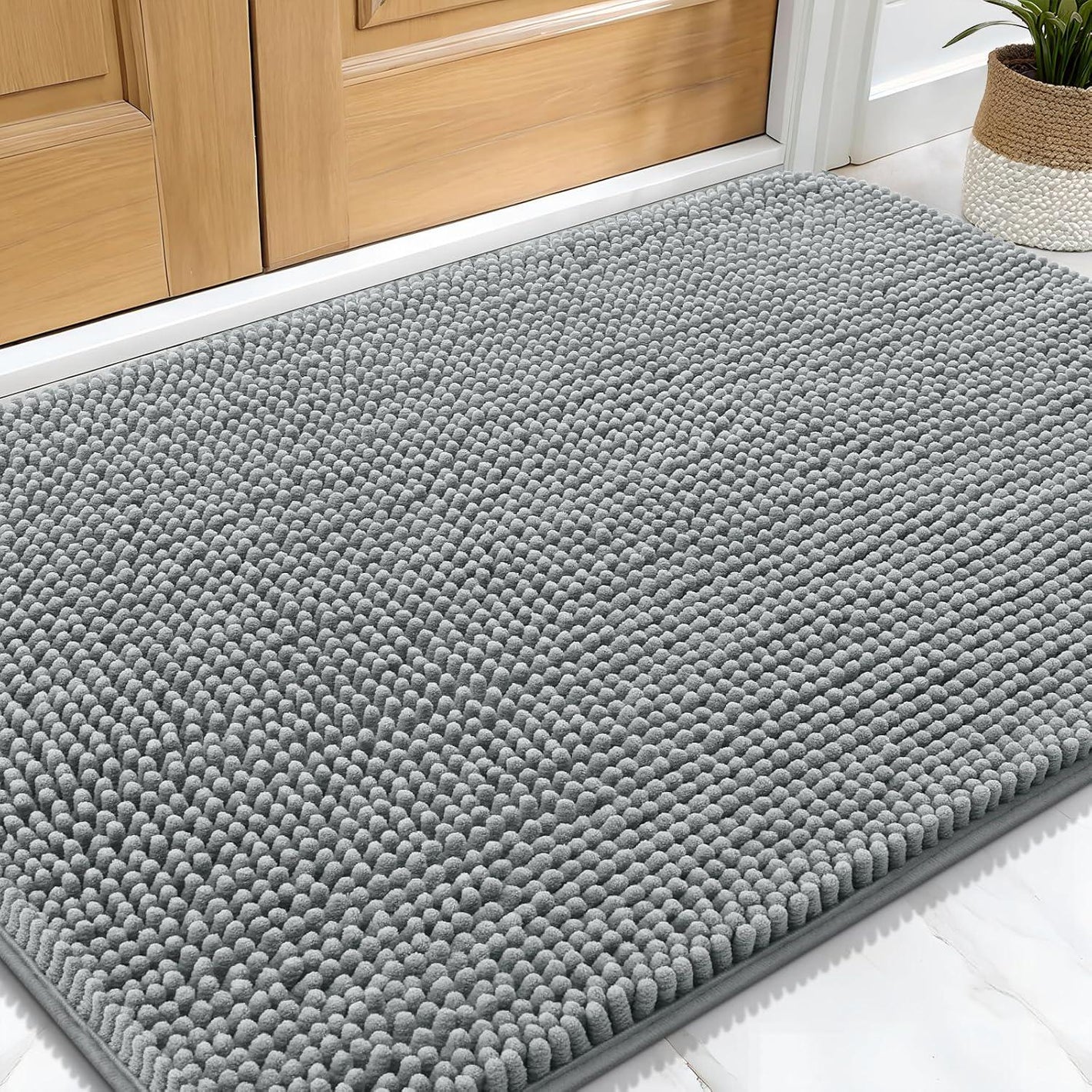 Olanly Dog Door Mat 30x20 Grey Chenille Absorbent Quick Dry Non Slip Washable Mat for Muddy Paws and Indoor Entry
