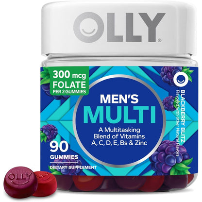 OLLY OLLY Men's Multivitamin Gummy, Vitamins A, C, D, E, B, Zinc, Blackberry Flavor, 45 Day Supply - 90 Count