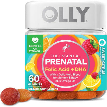 OLLY OLLY Prenatal Multivitamin Gummy, Supports Healthy Growth And Brain Development, Folic Acid, Vitamin D, Omega 3 DHA, Chewable Supplement, Citrus Berry Flavor, 30 Day Supply - 60 Count