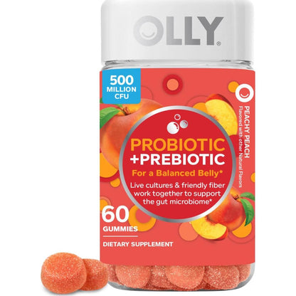 Olly Probiotic Prebiotic Gummies, Digestive Support, 500 Million CFUs, Peach Flavor, 60 Day Supply
