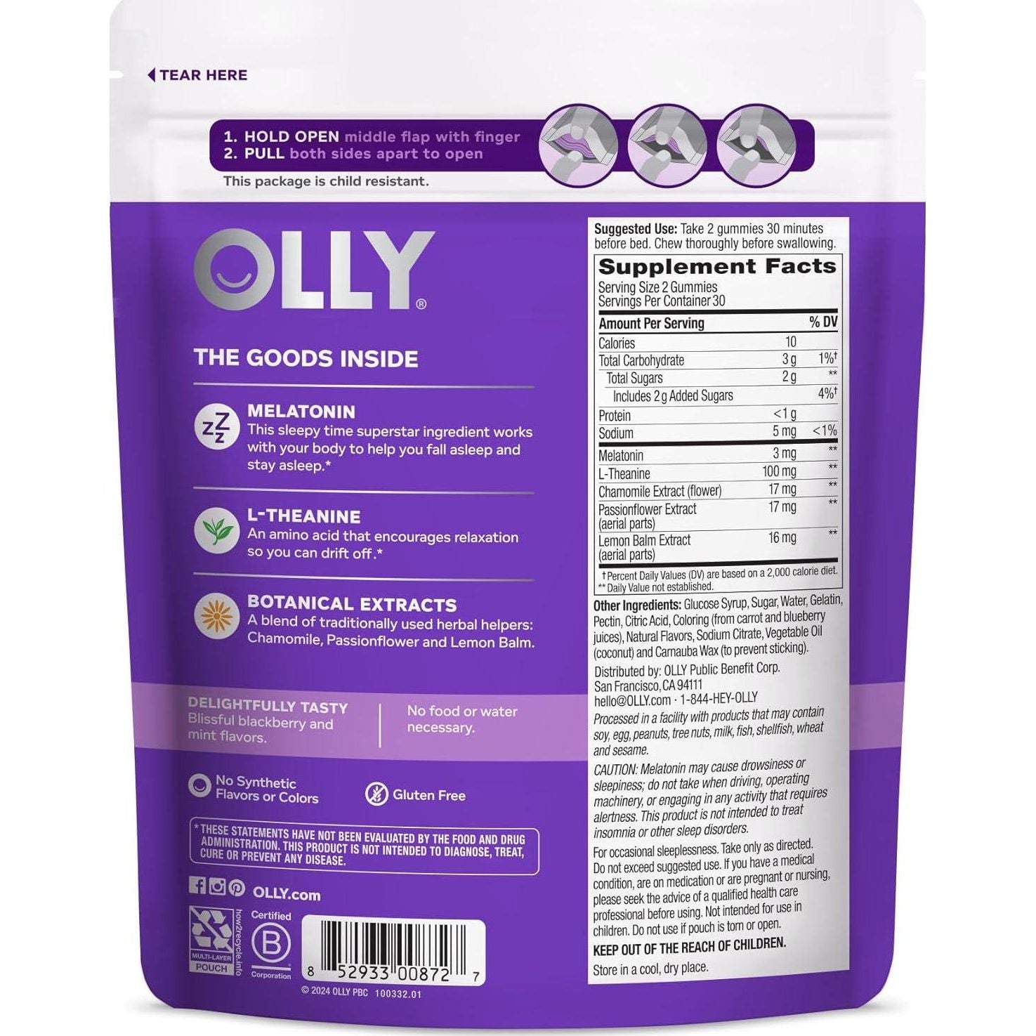 OLLY Sleep Gummy, 3 Mg Melatonin, L-Theanine, Chamomile, And Lemon Balm Extracts, Blackberry Flavor, 30 Day Supply - 60 Count (Packaging May Vary),