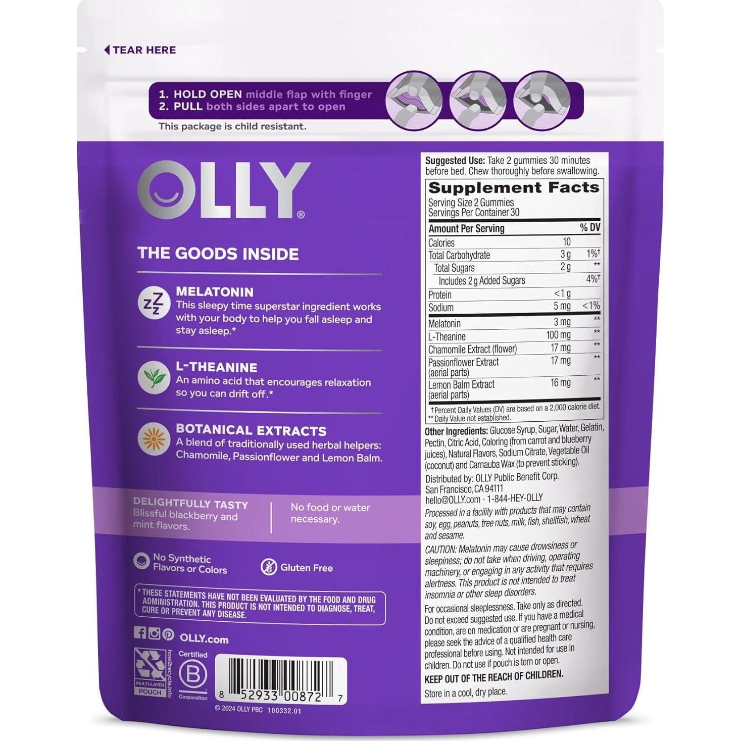 OLLY Sleep Gummy, 3 Mg Melatonin, L-Theanine, Chamomile, And Lemon Balm Extracts, Blackberry Flavor, 30 Day Supply - 60 Count (Packaging May Vary),