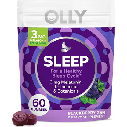 OLLY Sleep Gummy, 3 Mg Melatonin, L-Theanine, Chamomile, And Lemon Balm Extracts, Blackberry Flavor, 30 Day Supply - 60 Count (Packaging May Vary),