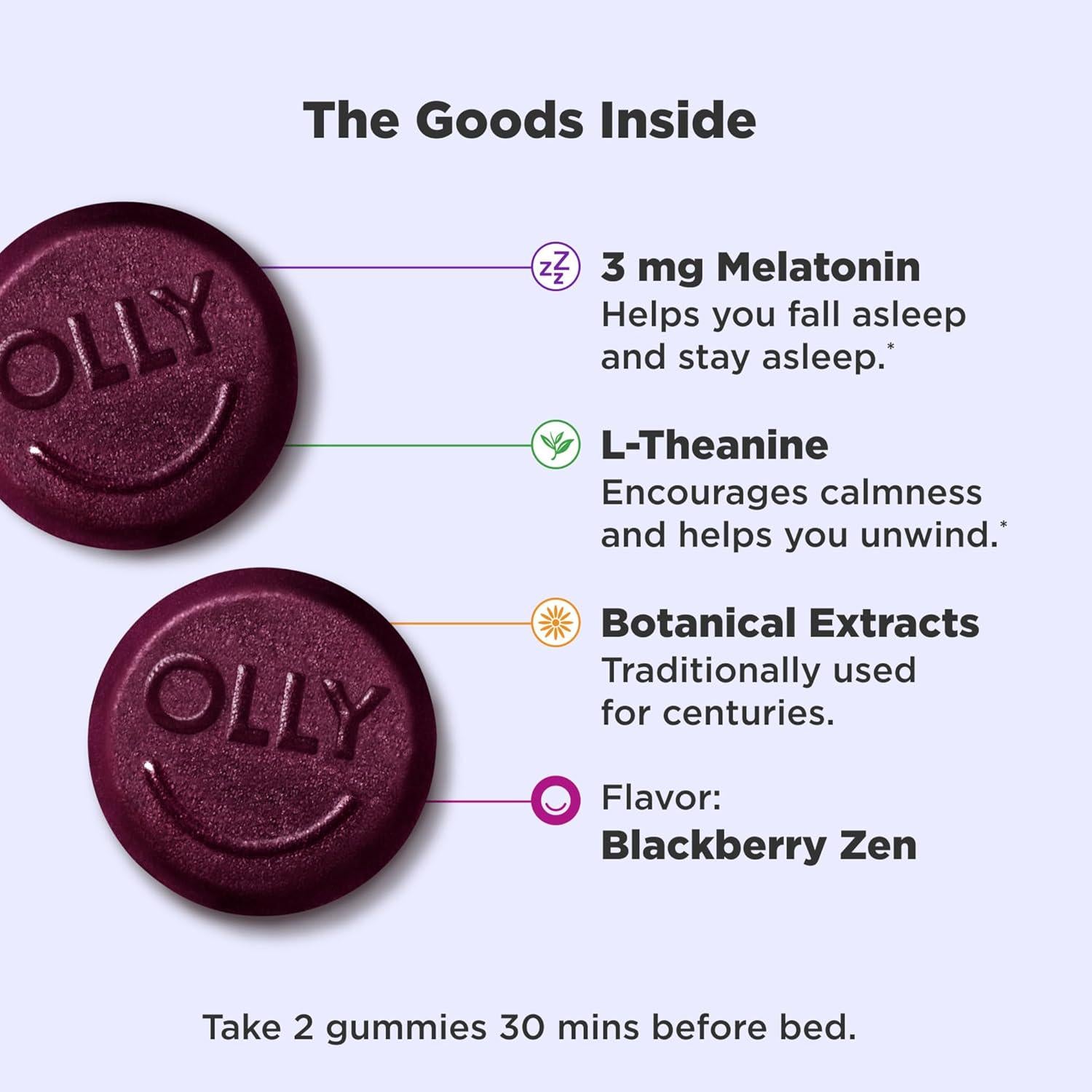 OLLY Sleep Gummy, 3 Mg Melatonin, L-Theanine, Chamomile, And Lemon Balm Extracts, Blackberry Flavor, 30 Day Supply - 60 Count (Packaging May Vary),