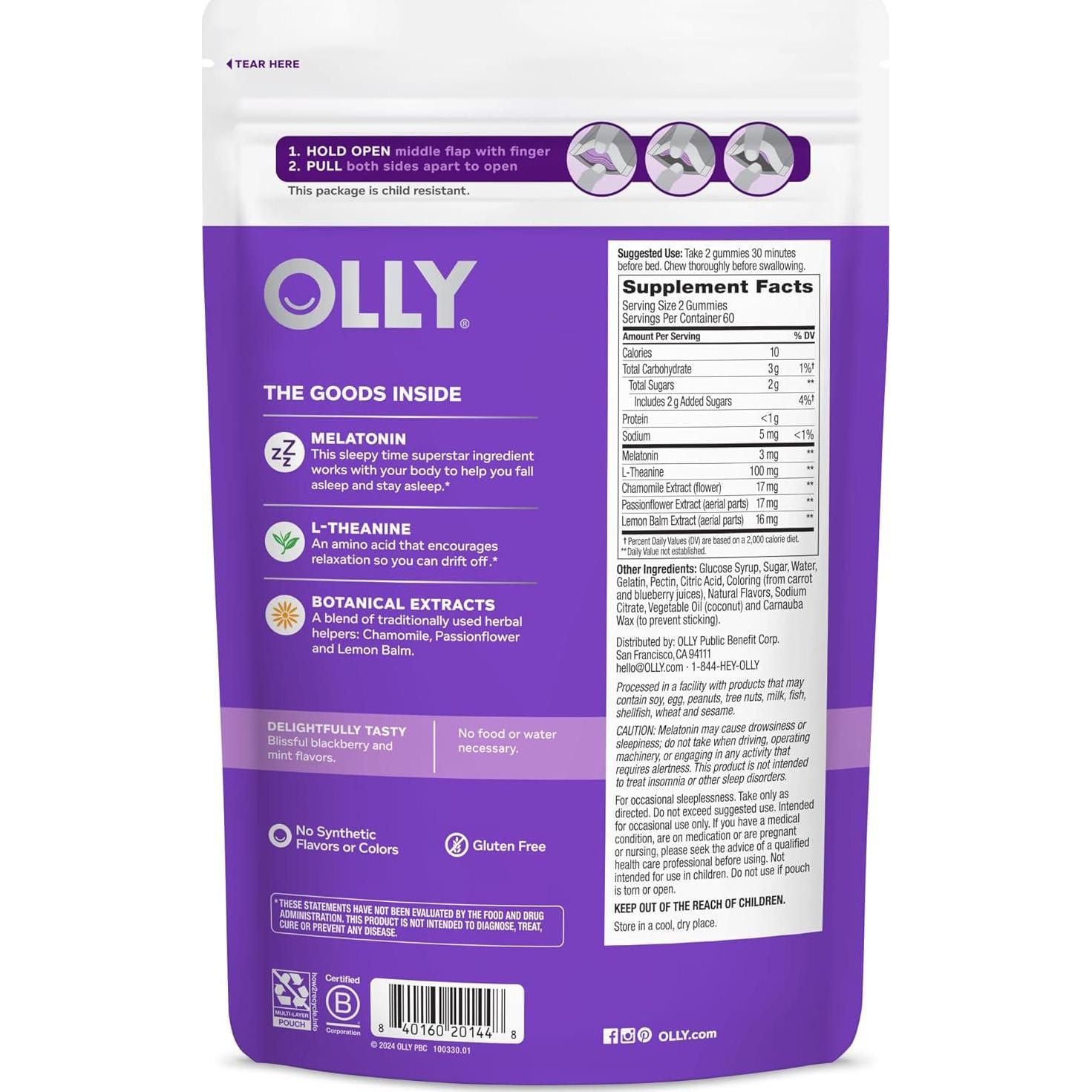 OLLY Sleep Gummy, 3 Mg Melatonin, L-Theanine, Chamomile, And Lemon Balm Extracts, BlackBerry Flavor, 60 Day Supply - 120 Count (Packaging May Vary),