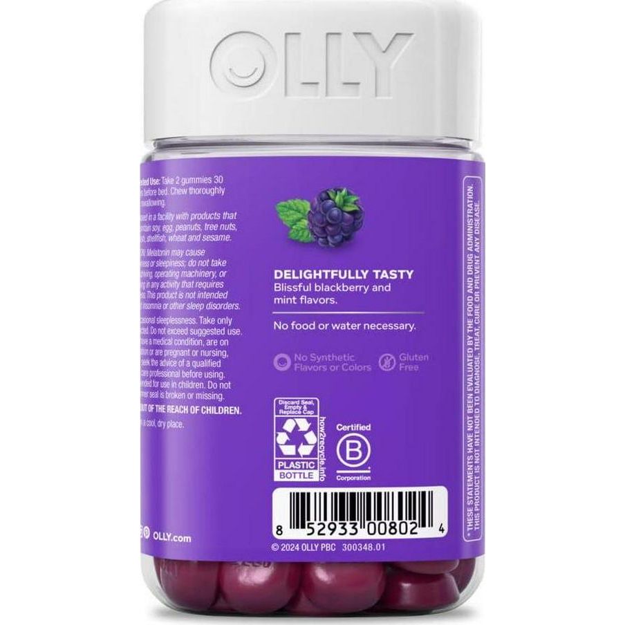 OLLY Sleep Gummy, 3mg Melatonin, L-Theanine, Chamomile, Lemon Balm, Sleep Aid, Occasional Sleep Support, BlackBerry, 90 Count,