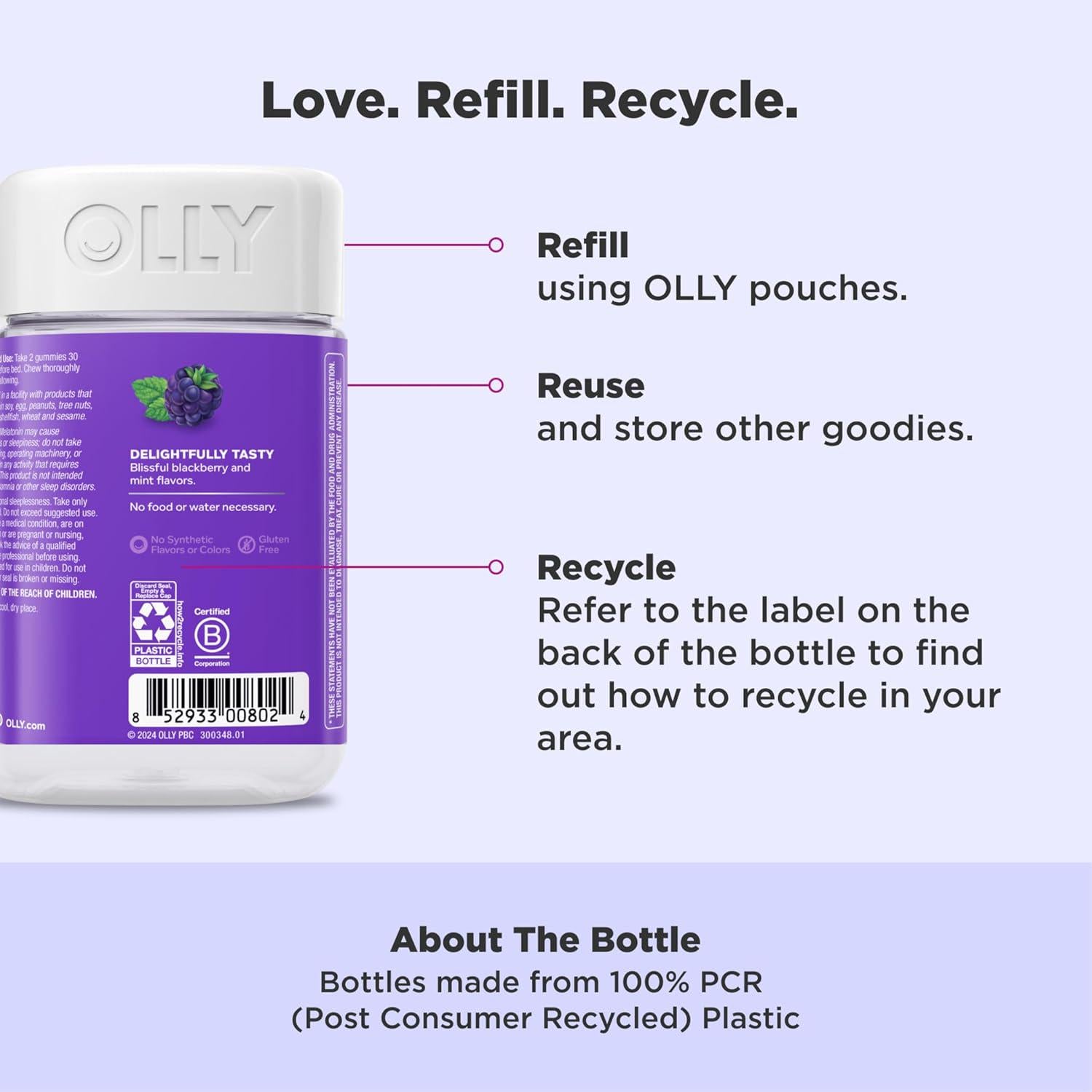 OLLY Sleep Gummy, 3mg Melatonin, L-Theanine, Chamomile, Lemon Balm, Sleep Aid, Occasional Sleep Support, BlackBerry, 90 Count,