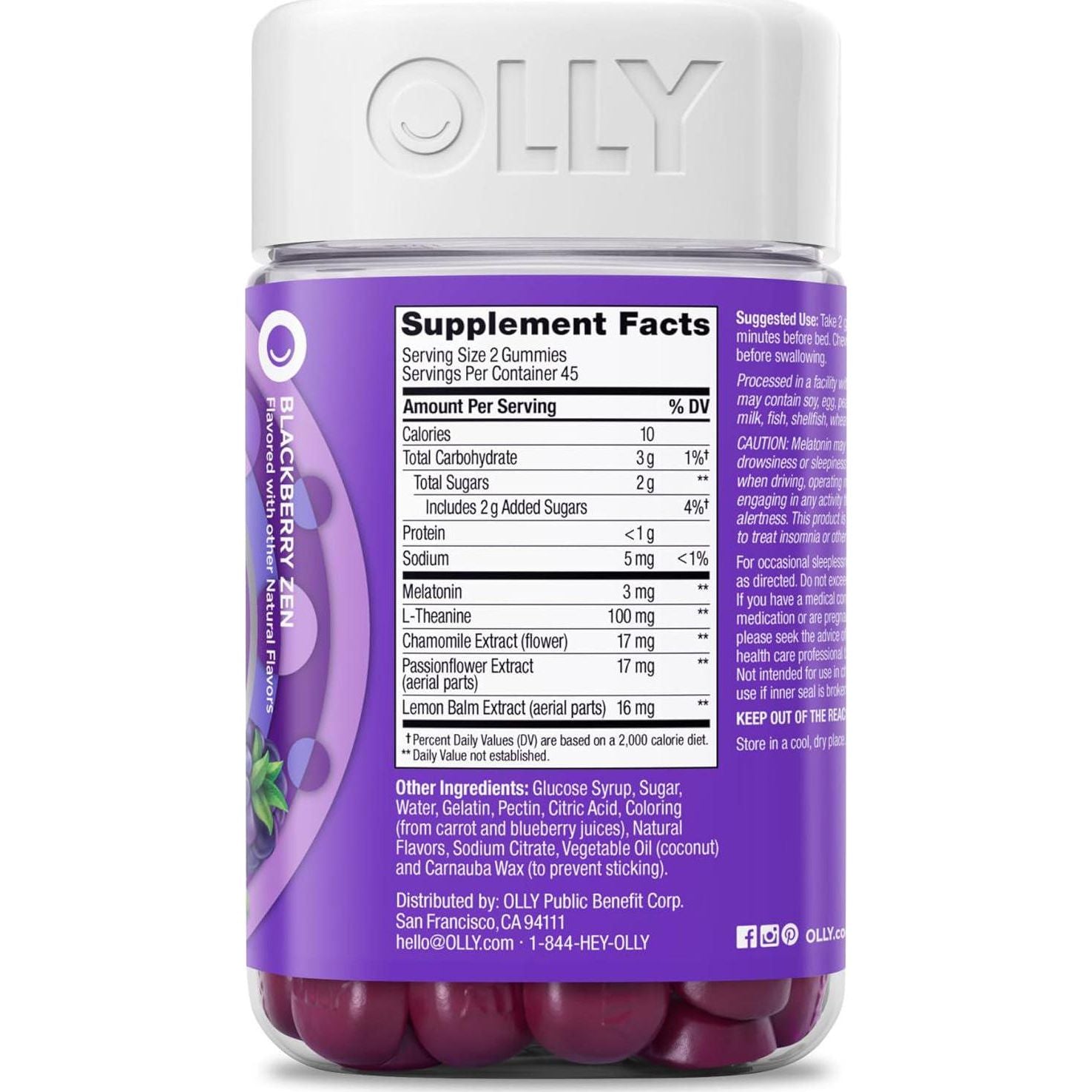 OLLY Sleep Gummy, 3mg Melatonin, L-Theanine, Chamomile, Lemon Balm, Sleep Aid, Occasional Sleep Support, BlackBerry, 90 Count,