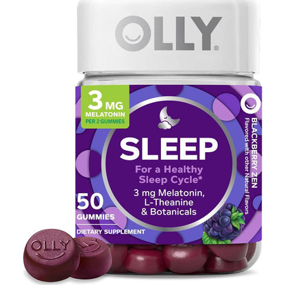 OLLY Sleep Gummy, Occasional Sleep Support, 3 Mg Melatonin, L-Theanine, Chamomile, Lemon Balm, Sleep Aid, Blackberry, 50 Count,