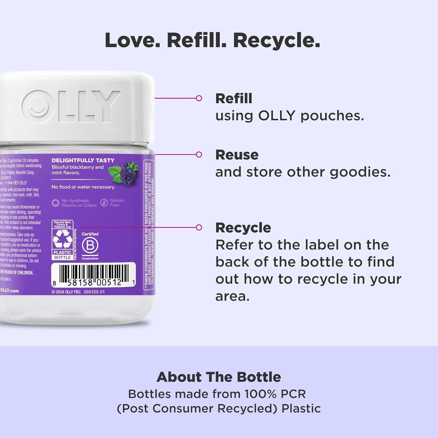 OLLY Sleep Gummy, Occasional Sleep Support, 3 Mg Melatonin, L-Theanine, Chamomile, Lemon Balm, Sleep Aid, Blackberry, 50 Count,