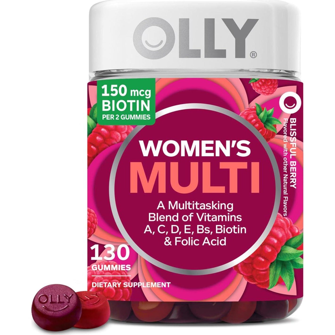 Olly Women’s Multivitamin Gummy Vitamins, A, D, C, E, Biotin, Folic Acid, Adult Chewable Vitamin, Berry Flavor, 65-Day Supply, 130 Count