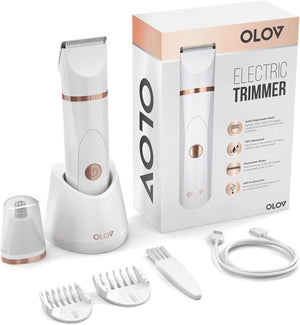 OLOV OLOV Electric Body Hair Trimmer - Groin Trimmer For Men - Bikini Trimmer Women - Wet/Dry Shaver Groomer, Replaceable Ceramic Blade Heads, USB Recharge Dock, Waterproof Hygiene Razor, White