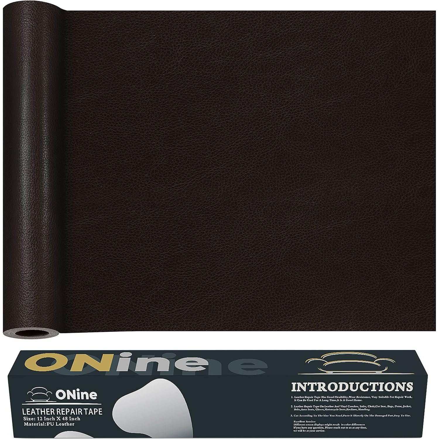 ONine Leather Repair Patch Leather Repair Tape, 12 X 48 Inches Leather Repair Patch For Furniture,Vinyl Repair Kit Leather Couch Patch For Sofas, Furniture, Car Seats, Office Chairs (Black Brown),