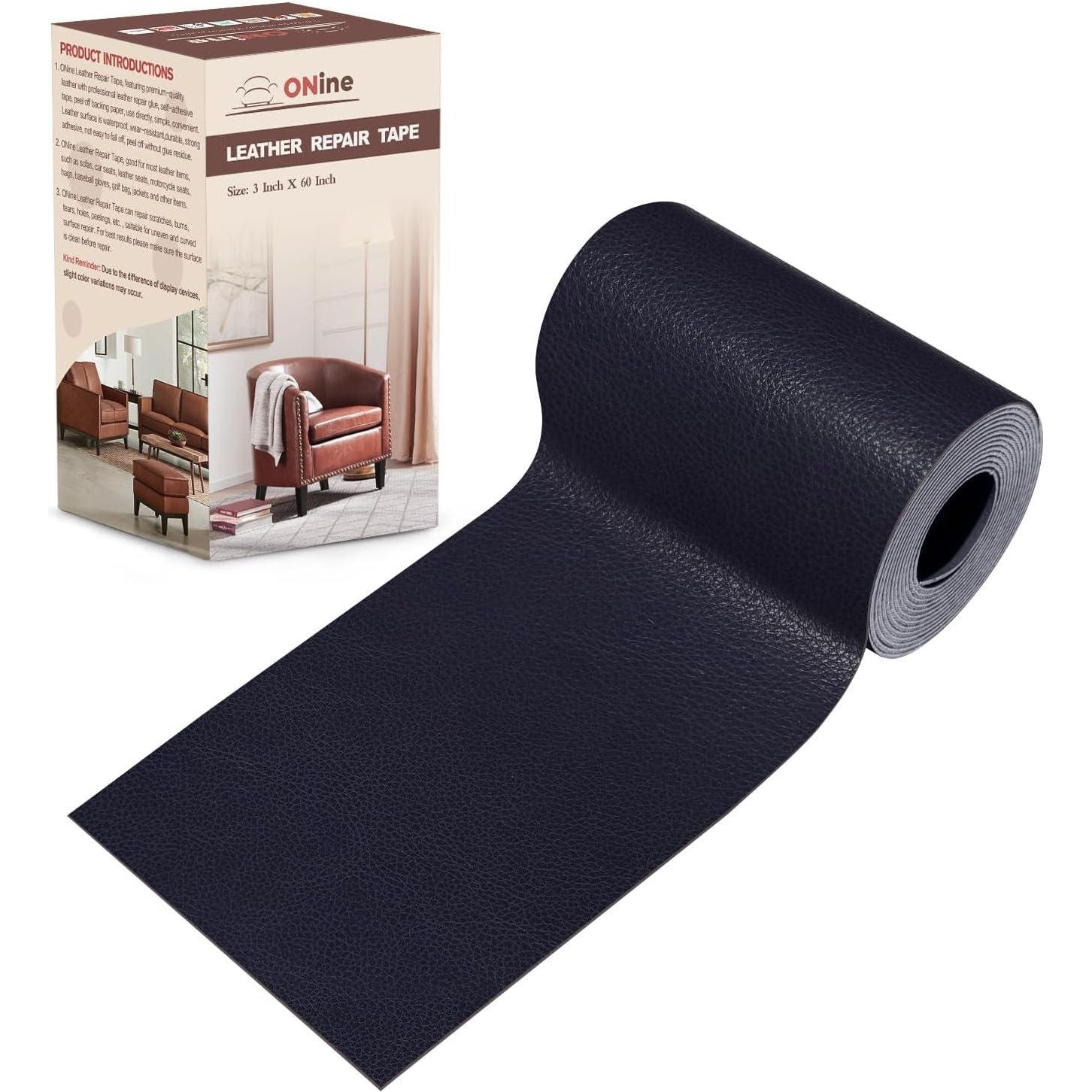 ONine Leather Repair Patch Leather Repair Tape, 3 X 60 Inches Leather Repair Patch For Furniture,Vinyl Repair Kit Leather Couch Patch For Sofas, Furniture, Car Seats, Office Chairs(Dark Blue Leather),