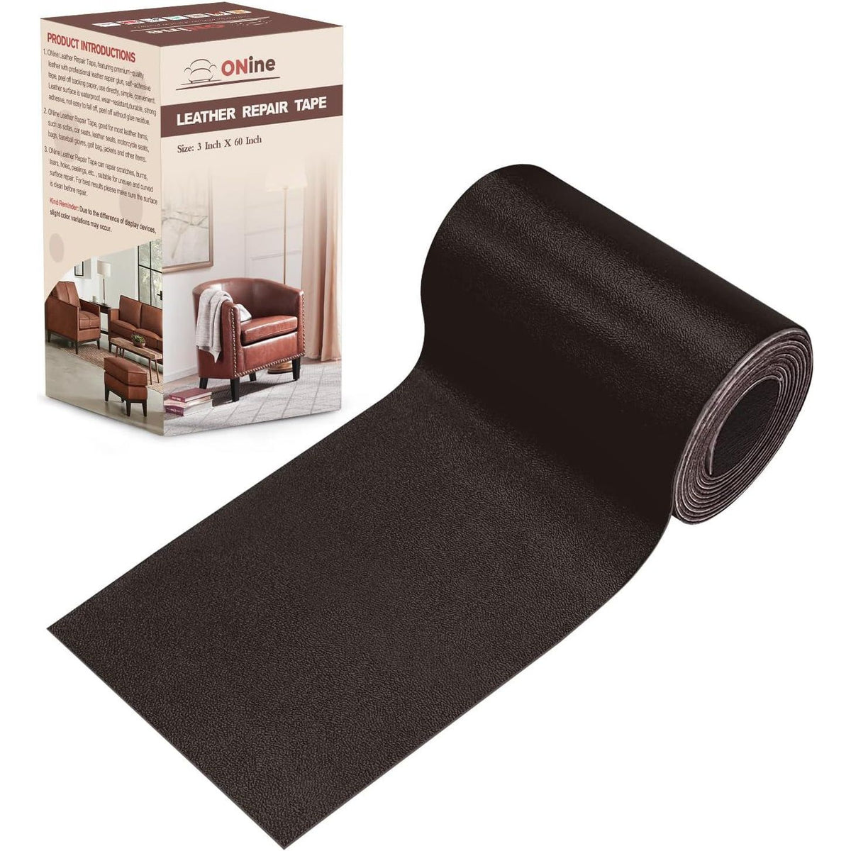 ONine Leather Repair Patch Leather Repair Tape, 3 X 60 Inches Leather Repair Patch For Furniture,Vinyl Repair Kit Leather Couch Patch For Sofas, Furniture, Car Seats(Dark Brown-Fine Grain),