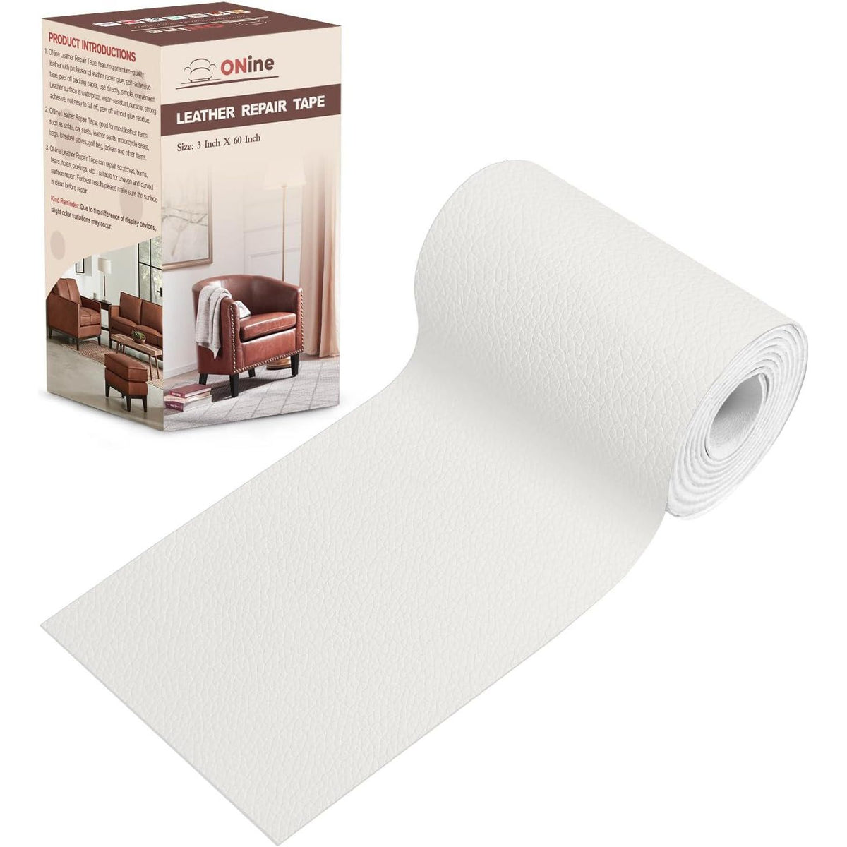 ONine Leather Repair Patch Leather Repair Tape, 3 X 60 Inches Leather Repair Patch For Furniture,Vinyl Repair Kit Leather Couch Patch For Sofas, Furniture, Car Seats(White-Litchi Grain),