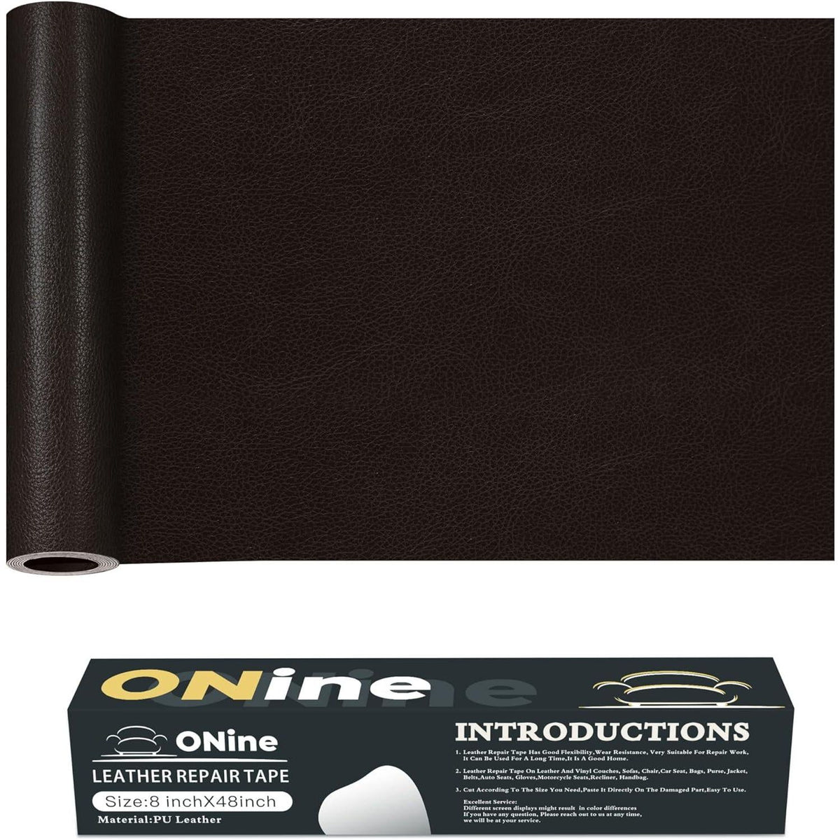 ONine Leather Repair Patch Leather Repair Tape, 8 X 48 Inches Leather Repair Patch For Furniture,Vinyl Repair Kit Leather Couch Patch For Sofas, Furniture, Car Seats(Black Brown),