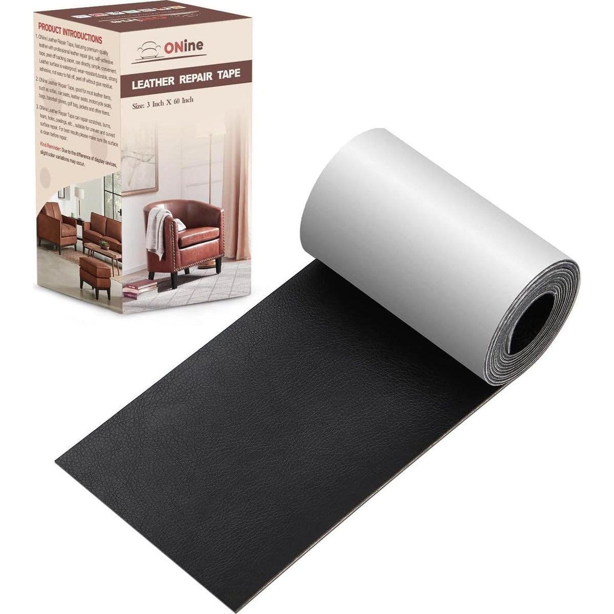 ONine Leather Repair Patch Leather Repair Tape, 3 X 60 Inches Leather Repair Patch For Furniture,Vinyl Repair Kit Leather Couch Patch For Sofas, Furniture, Car Seats, Office Chairs(Black),