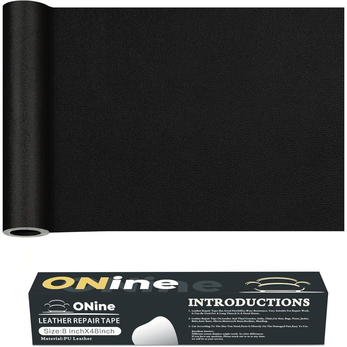 ONine Leather Repair Patch Leather Repair Tape, 8 X 48 Inches Leather Repair Patch For Furniture,Vinyl Repair Kit Leather Couch Patch For Sofas, Furniture, Car Seats(Black-Fine Grain),