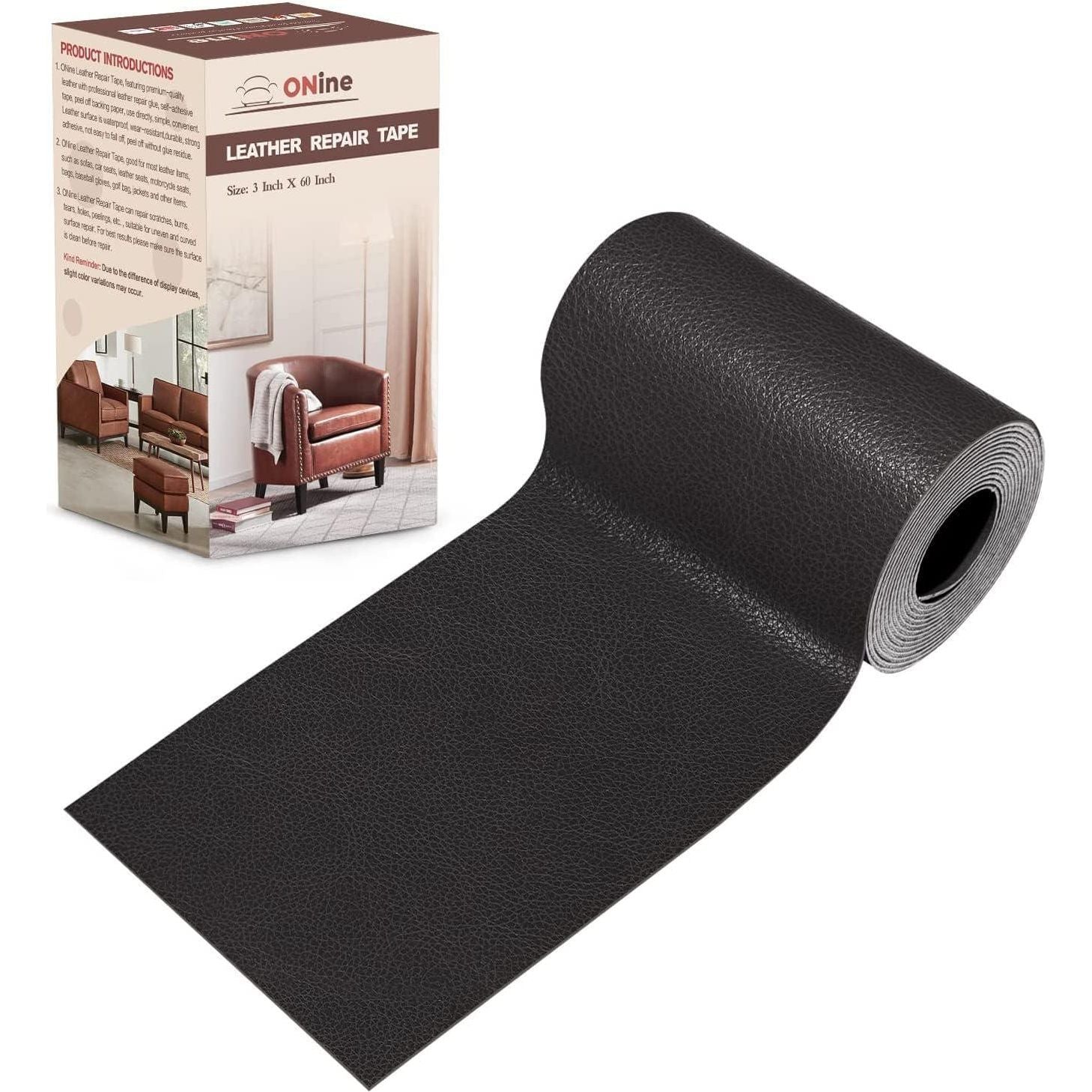 ONine Leather Repair Patch Leather Repair Tape, 3 X 60 Inches Leather Repair Patch For Furniture,Vinyl Repair Kit Leather Couch Patch For Sofas, Furniture, Car Seats, Office Chairs(Dark Grey Leather),