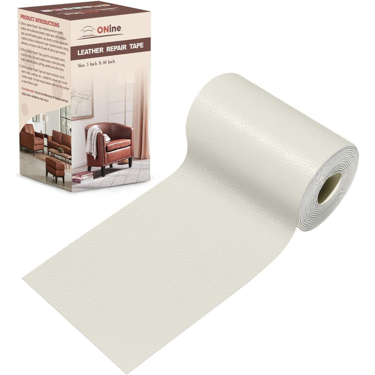 ONine Leather Repair Patch Leather Repair Tape, 3 X 60 Inches Leather Repair Patch For Furniture,Vinyl Repair Kit Leather Couch Patch For Sofas, Furniture, Car Seats, Office Chairs(Rice White),