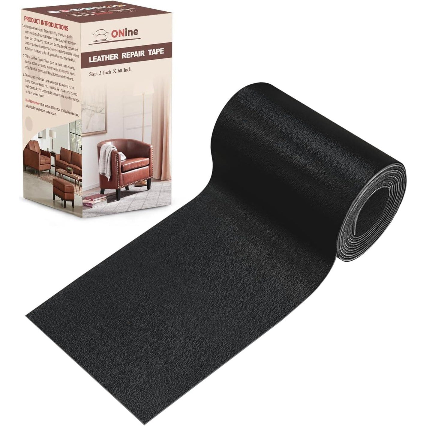 ONine Leather Repair Patch Leather Repair Tape, 3 X 60 Inches Leather Repair Patch For Furniture,Vinyl Repair Kit Leather Couch Patch For Sofas, Furniture, Car Seats(Black-Fine Grain),