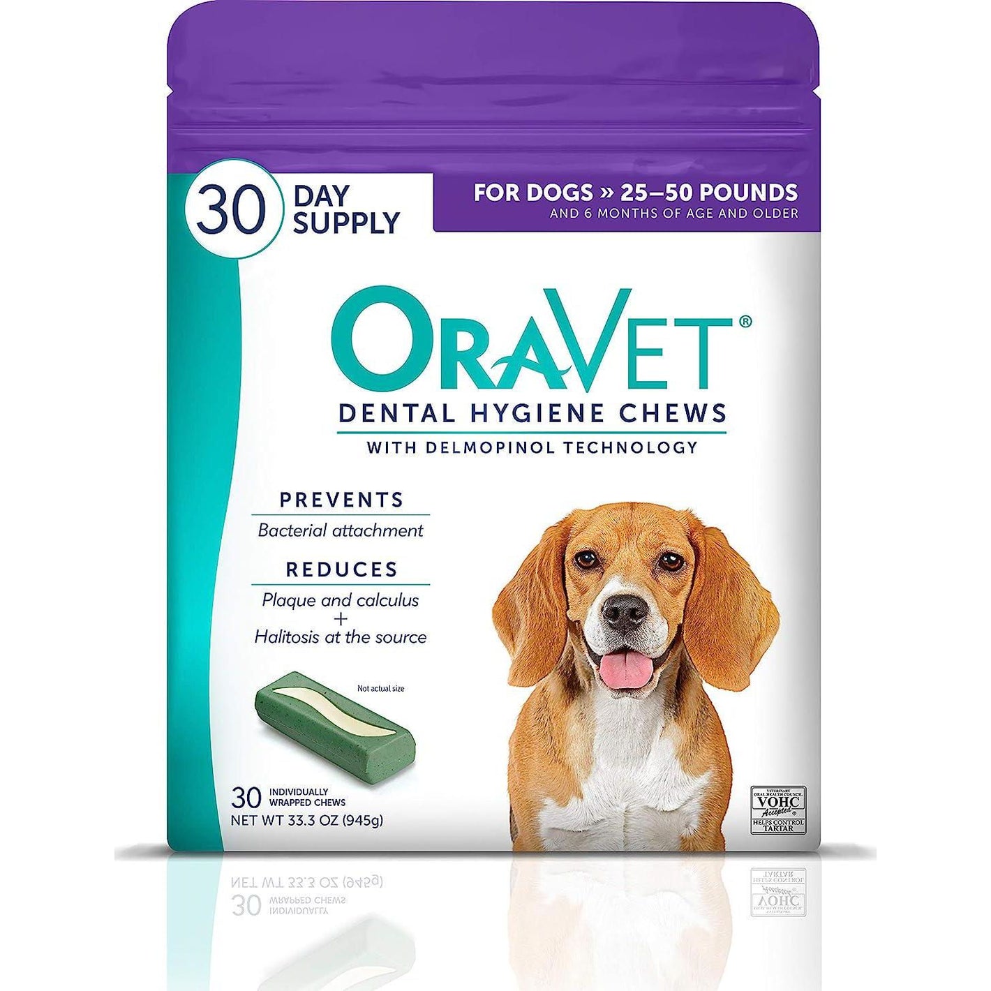 OraVet Dental Hygiene Chews for Medium Dogs 25–50 lbs, 30 Ct Pack, Purple Pouch, Oral Care Chews