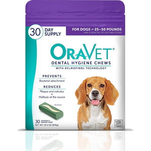 OraVet Dental Hygiene Chews for Medium Dogs 25–50 lbs, 30 Ct Pack, Purple Pouch, Oral Care Chews