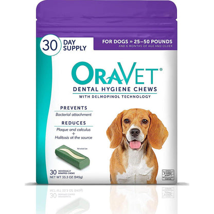 OraVet Dental Hygiene Chews for Medium Dogs 25–50 lbs, 30 Ct Pack, Purple Pouch, Oral Care Chews