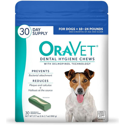 OraVet Dental Chews for Dogs 30 Count Small Dogs 10 to 24 lbs Blue Pouch Oral Care and Tartar Control