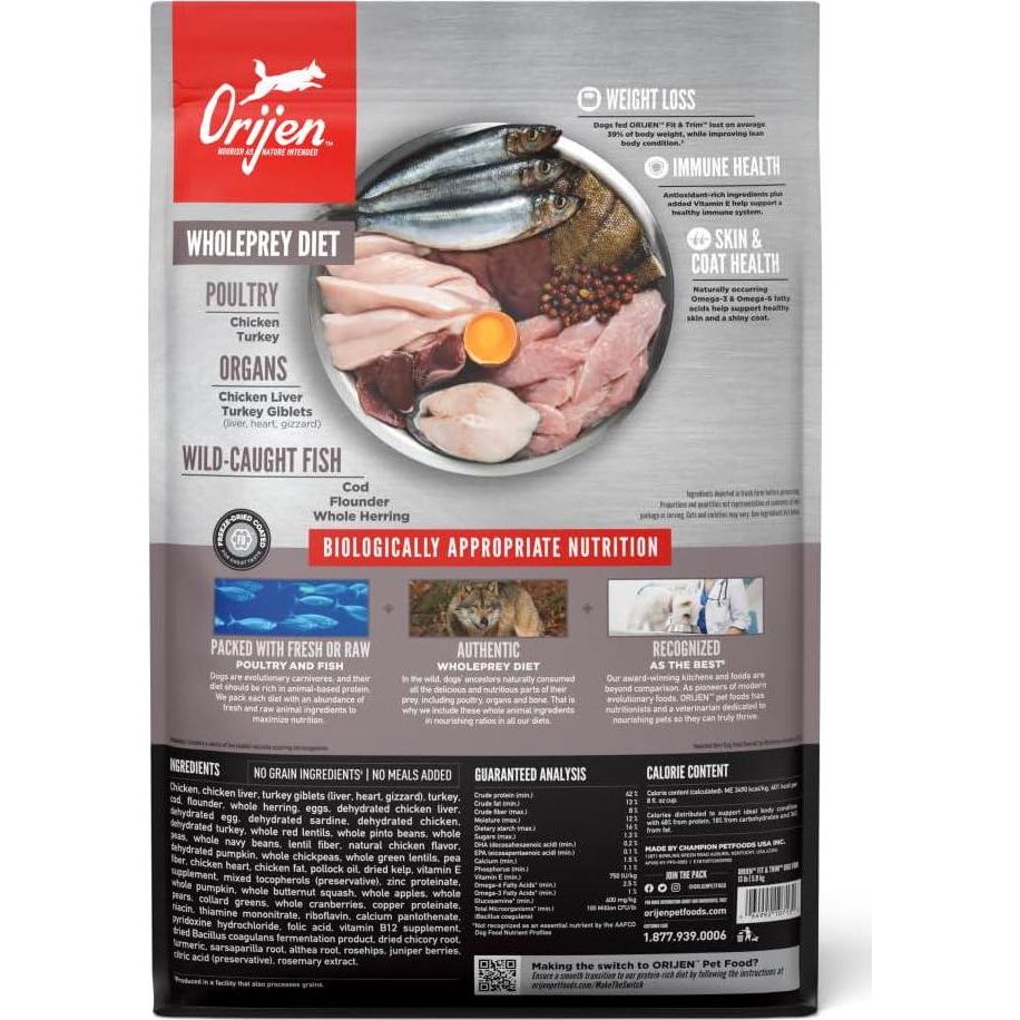 ORIJEN Fit And Trim Dry Dog Food, Grain Free Dry Dog Food, Fresh Or Raw Ingredients, 13lb,