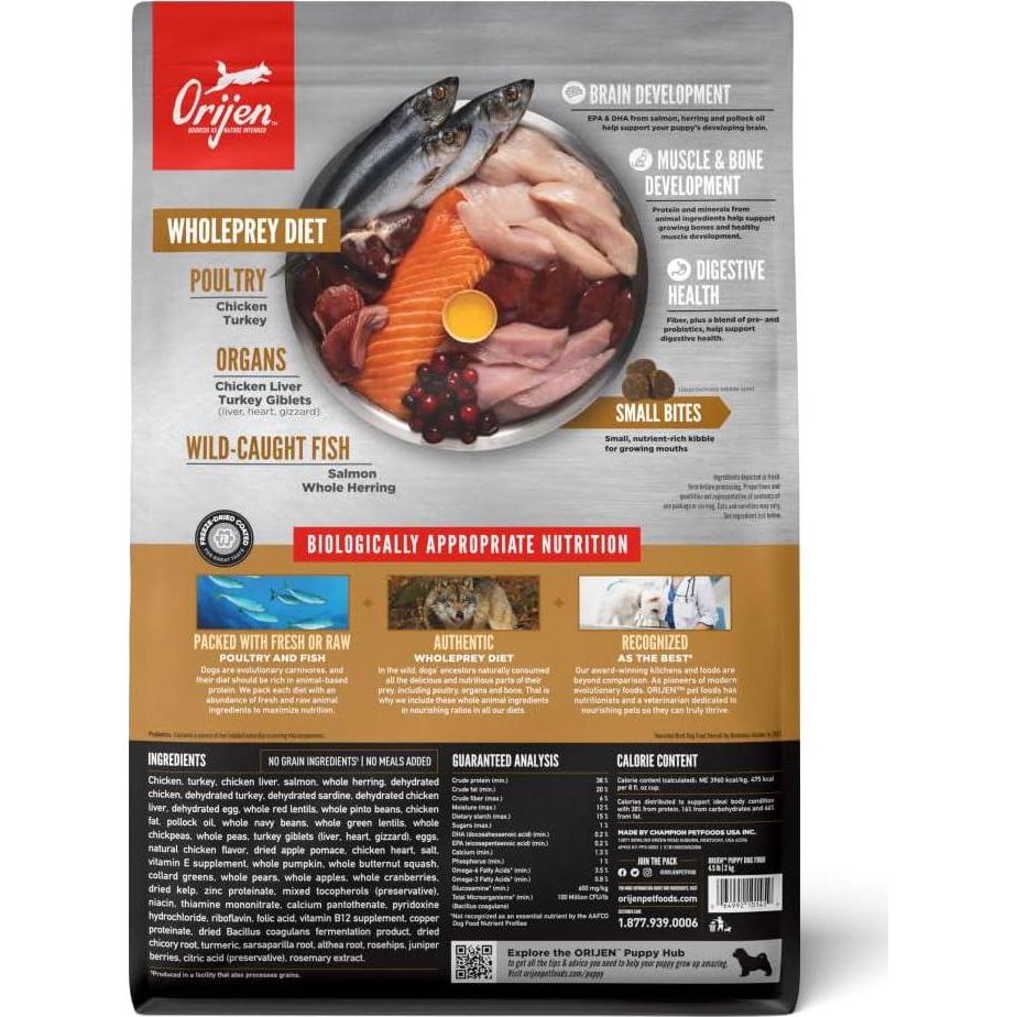 ORIJEN Puppy Dry Dog Food, Grain Free Dry Dog Food For Puppies, Fresh Or Raw Ingredients, 4.5lb,