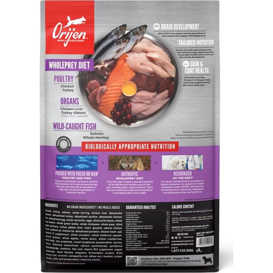 ORIJEN Puppy Large Dry Dog Food, Grain Free Dry Dog Food For Puppies, Fresh Or Raw Ingredients, 13lb,