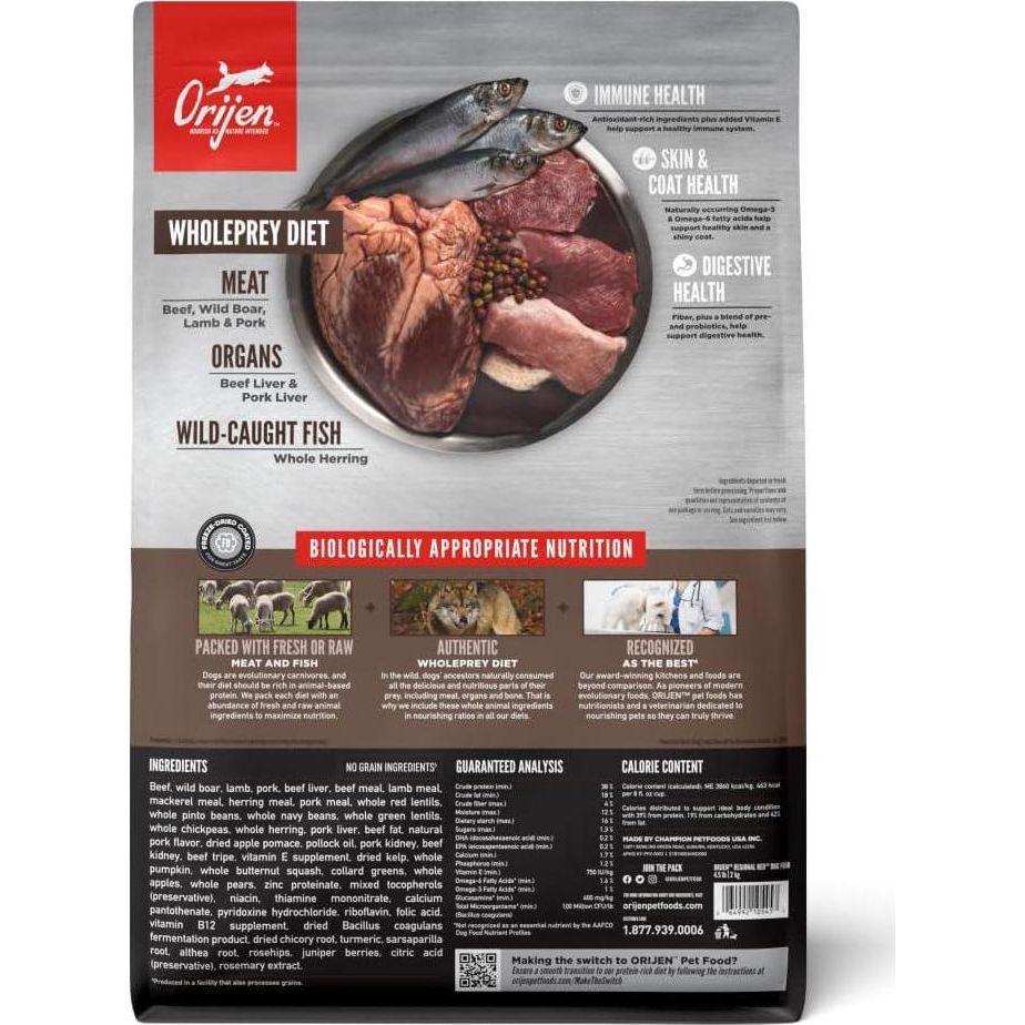 ORIJEN Regional RED Dry Dog Food, Grain Free And Poultry Free Dog Food, Fresh Or Raw Ingredients, 4.5lb,