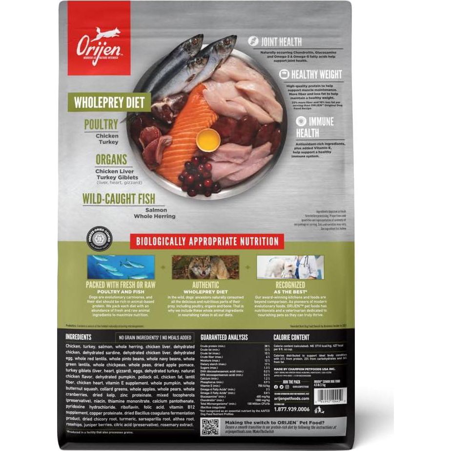 ORIJEN Senior Dry Dog Food, Grain Free Dry Dog Food For Senior Dogs, Fresh Or Raw Ingredients, 4.5lb,