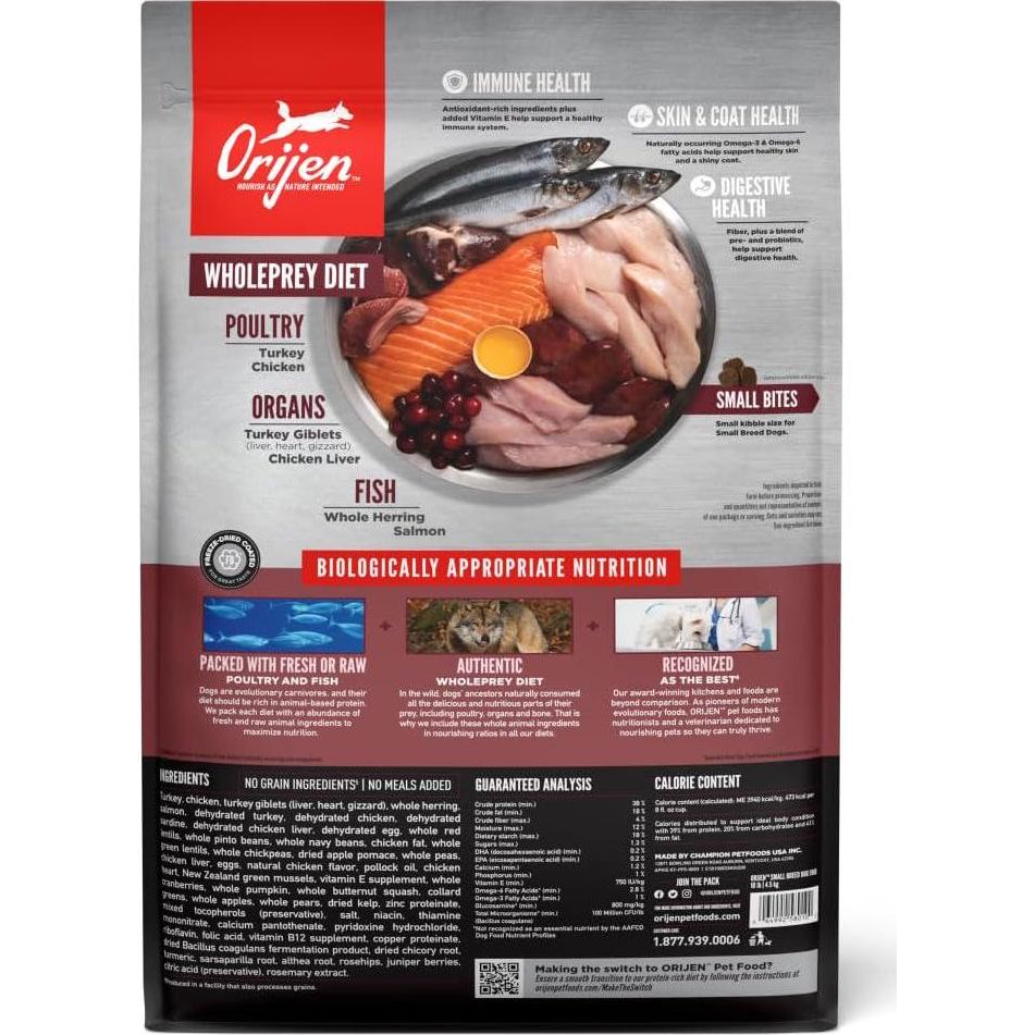 ORIJEN Small Breed Dry Dog Food, Grain Free Dry Dog Food For Small Breeds, Fresh Or Raw Ingredients, 10lb,