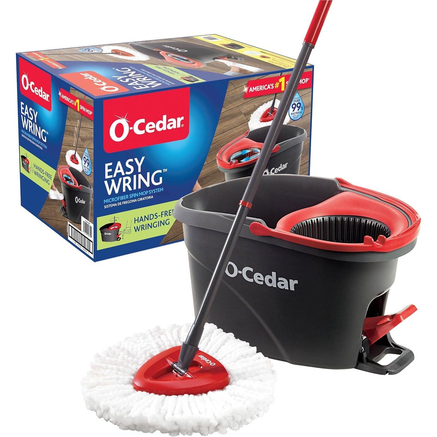 O-Cedar EasyWring Microfiber Spin Mop Bucket Floor Cleaning System, Red & Gray, Standard