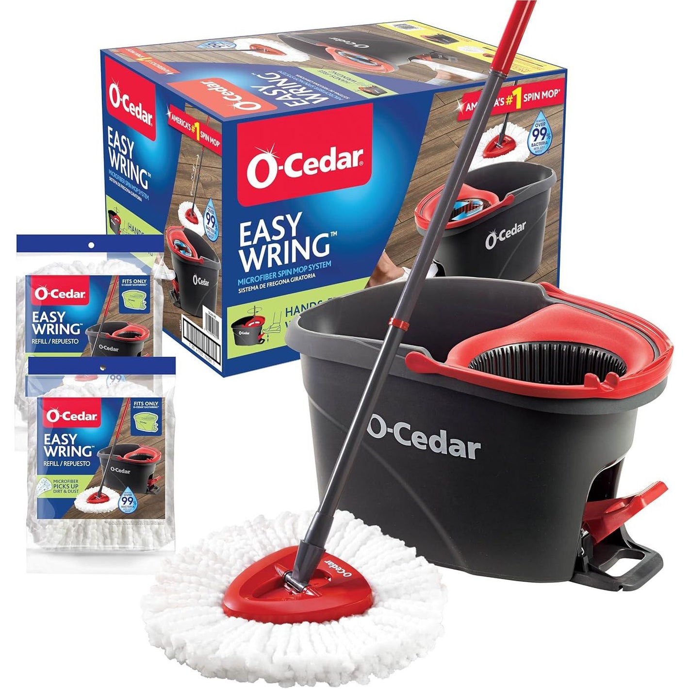 O-Cedar EasyWring Microfiber Spin Mop & Bucket Floor Cleaning System, 2 Extra Refills, Red & Gray