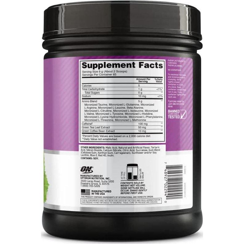 Optimum Nutrition Amino Energy Pre-Workout, Green Tea & BCAA, Keto-Friendly, Concord Grape Flavor, 65 Servings, Energy Powder