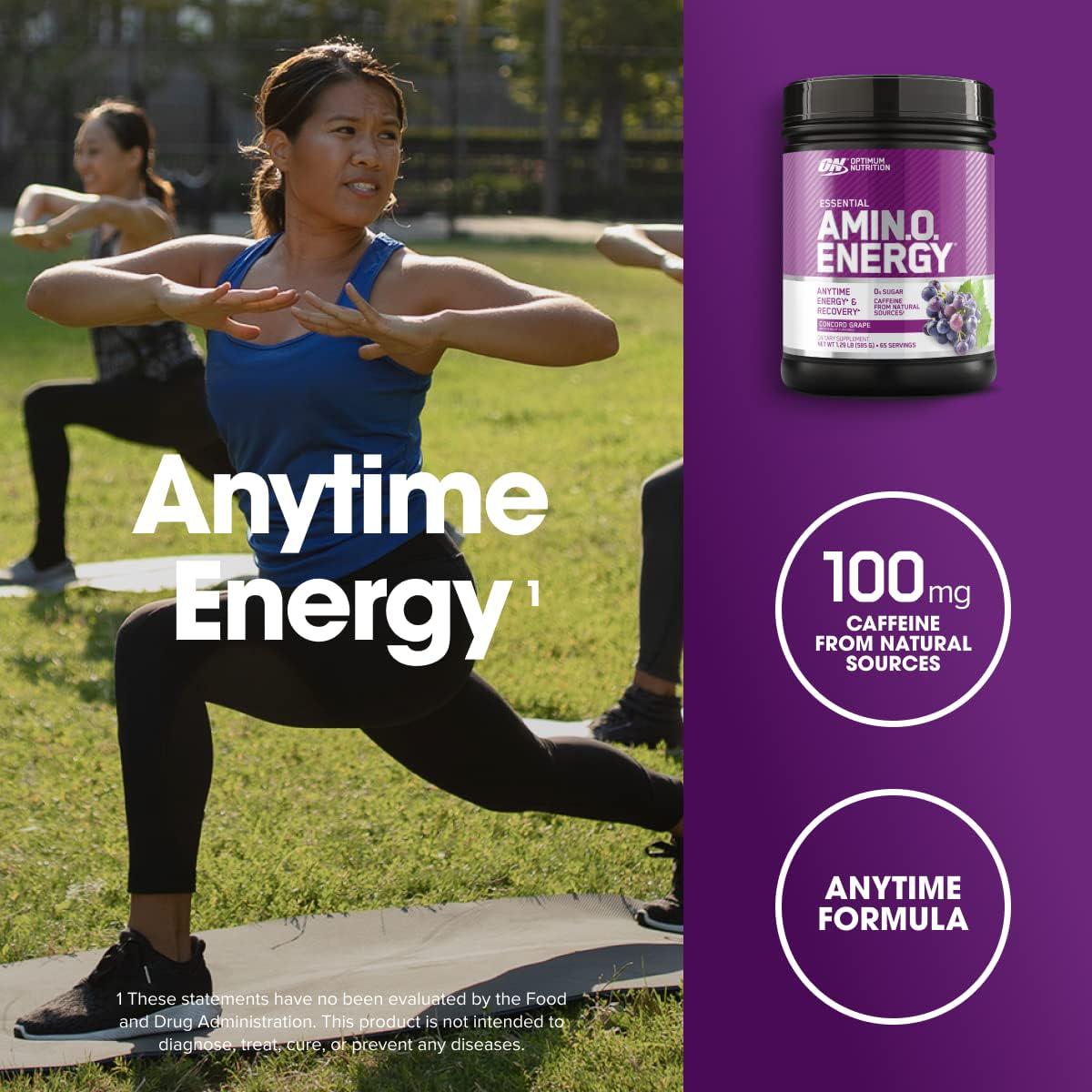 Optimum Nutrition Amino Energy Pre-Workout, Green Tea & BCAA, Keto-Friendly, Concord Grape Flavor, 65 Servings, Energy Powder