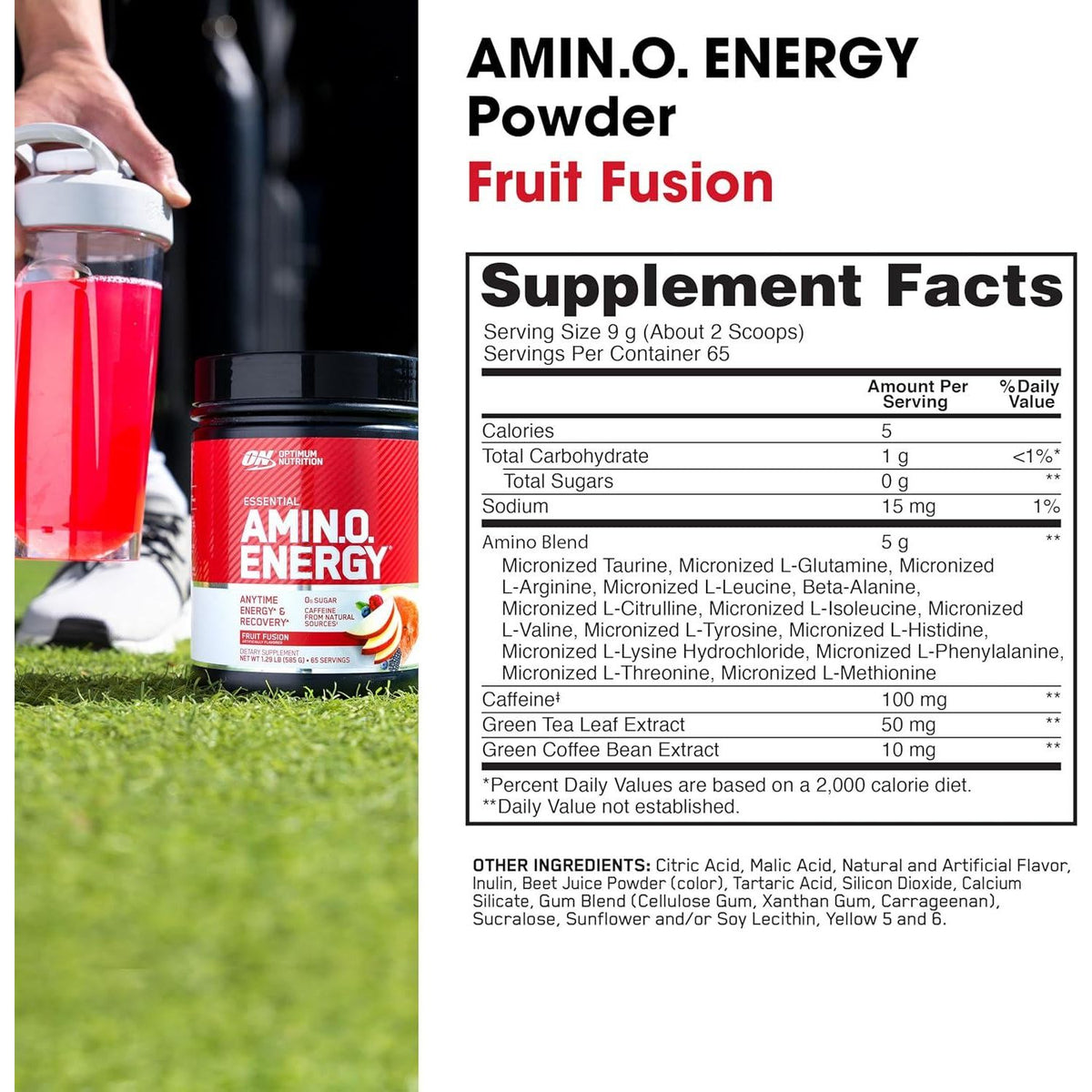 Optimum Nutrition Amino Energy Pre-Workout, Green Tea & BCAA Amino Acids, Keto-Friendly, Fruit Fusion Flavor, 65 Servings