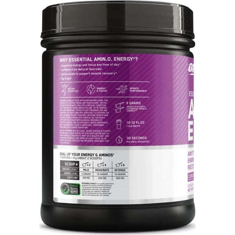 Optimum Nutrition Amino Energy Pre-Workout, Green Tea & BCAA, Keto-Friendly, Concord Grape Flavor, 65 Servings, Energy Powder