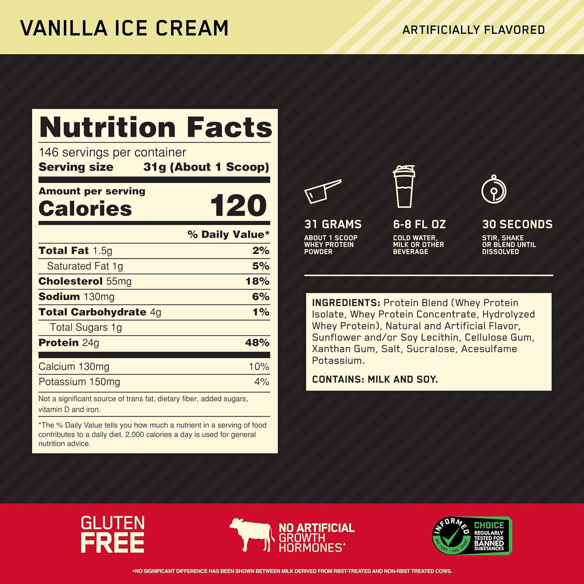 Optimum Nutrition Gold Standard 100% Whey Protein Powder, Vanilla Ice Cream Flavor, 10 lbs (Packaging May Vary)