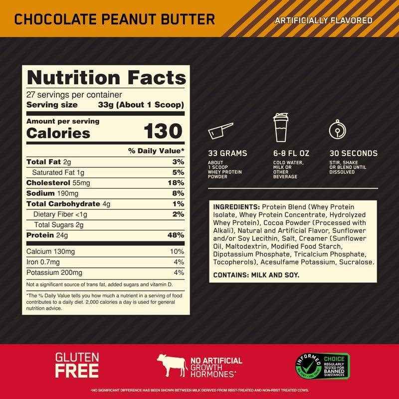 Optimum Nutrition Gold Standard 100% Whey Protein Powder, Chocolate Peanut Butter, 2lb (Packaging May Vary)