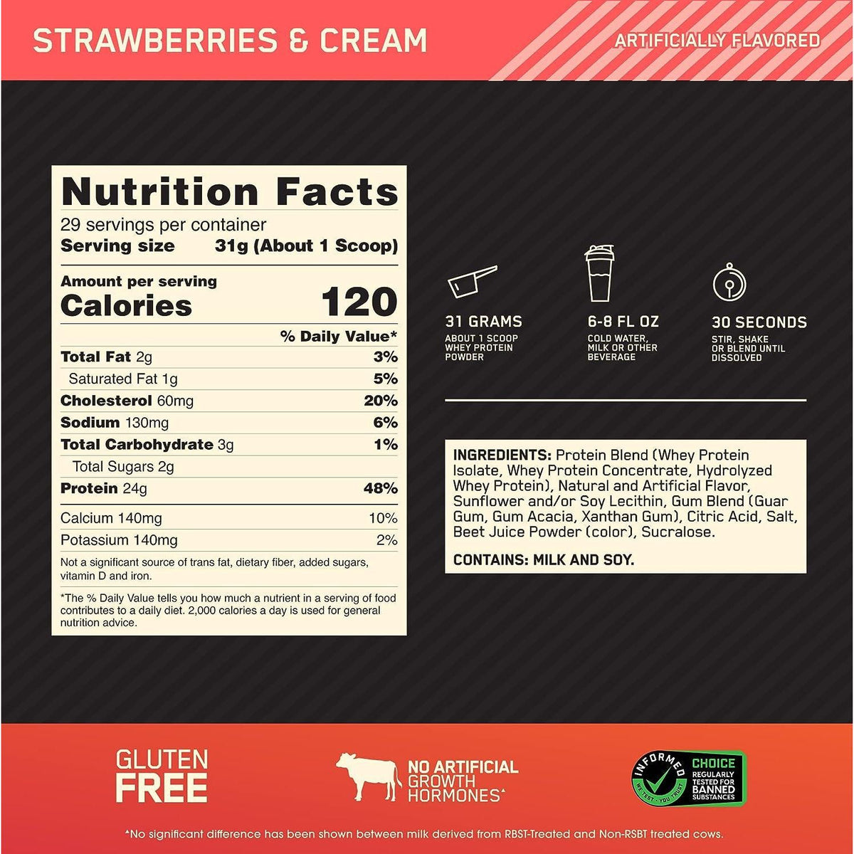 Optimum Nutrition Gold Standard Whey Protein Powder, Strawberry & Cream Flavors, 2 lb, Premium Quality Protein for Muscle Recovery