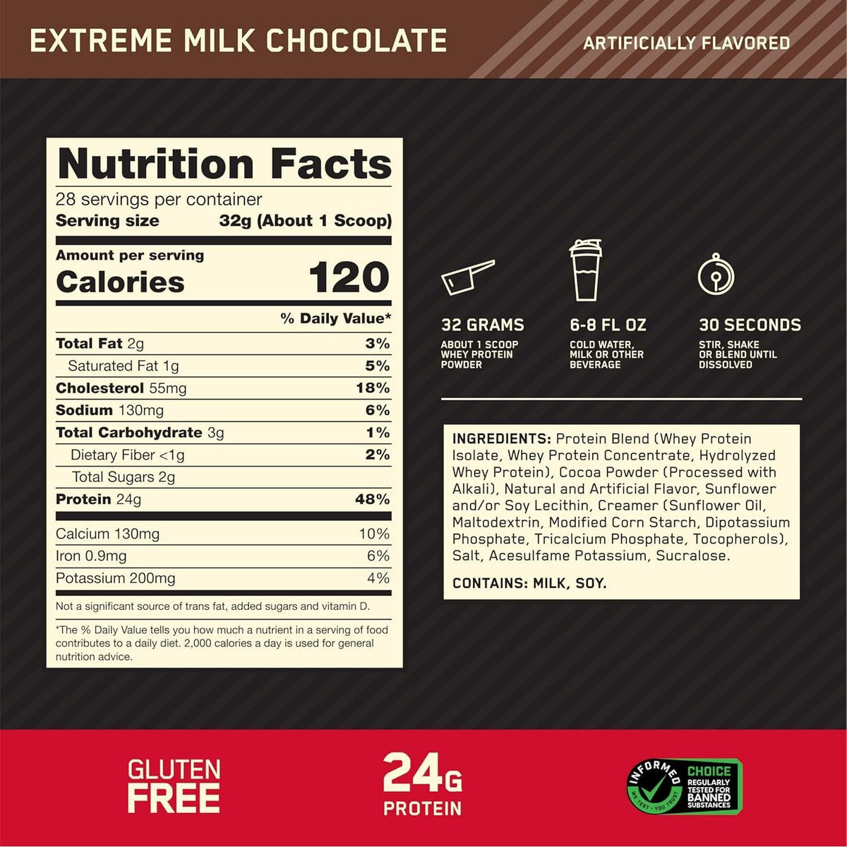 Optimum Nutrition Gold Standard 100% Whey Protein Powder, Extreme Milk Chocolate Flavor, 2 lb, High-Quality Protein for Muscle Recovery