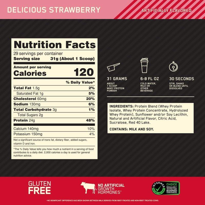 Optimum Nutrition Gold Standard 100% Whey Protein Powder, Delicious Strawberry, 2lb (Packaging May Vary)