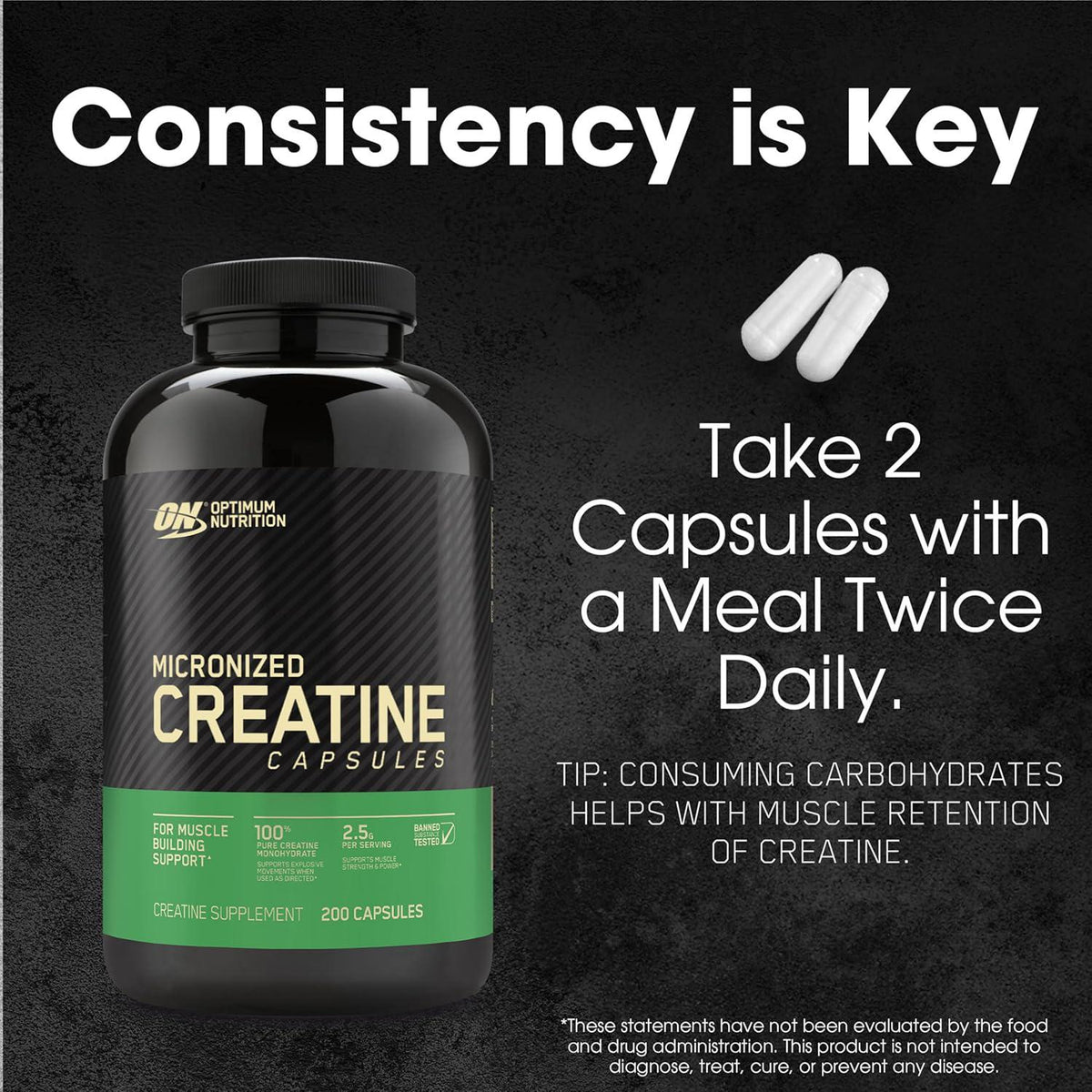 Optimum Nutrition Optimum Nutrition Micronized Creatine Monohydrate Capsules, Keto Friendly, 2500mg, 200 Capsules (Packaging May Vary)