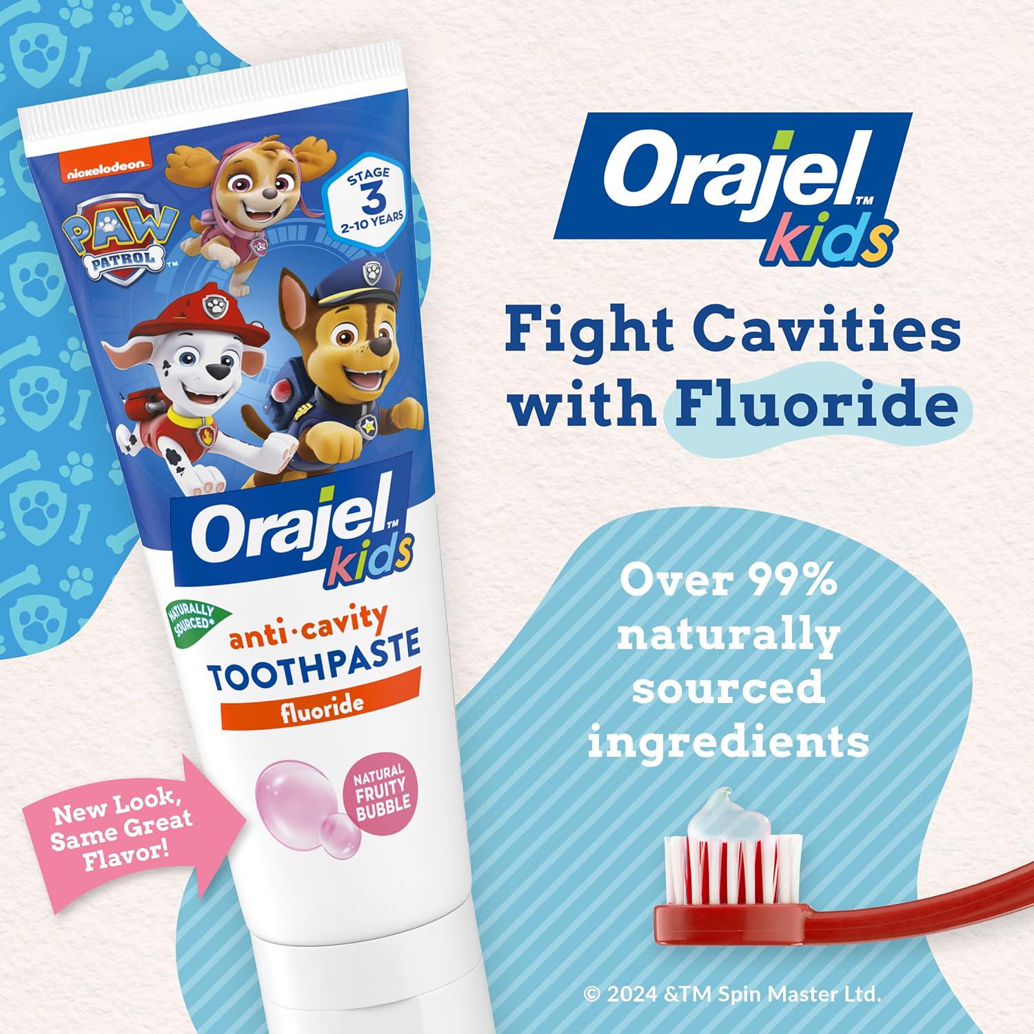 Orajel Kids Paw Patrol Anti-Cavity Fluoride Toothpaste, Natural Fruity Bubble Flavor, 4.2oz Tube,